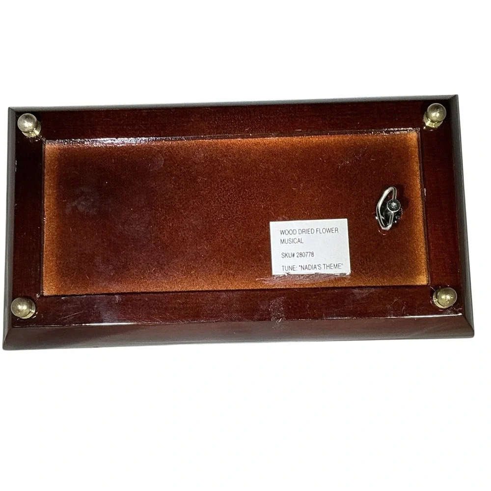 Vintage 90s BOMBAY Jewelry Music Box Wood Pressed Flowers Plays Nadia's Theme